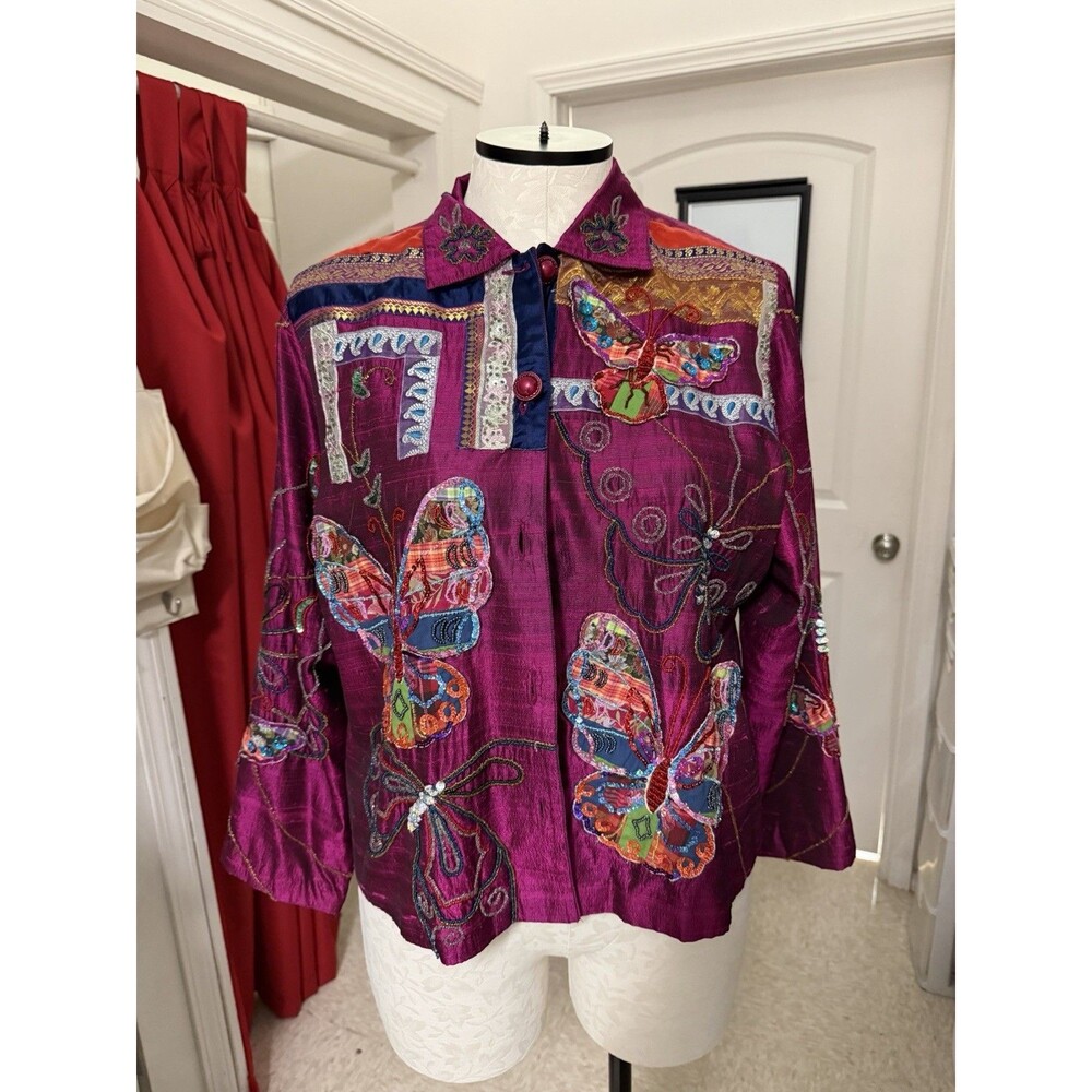 Sandy Starkman Purple Butterfly Embroidered Beaded Blouse XL Rayon Polyester